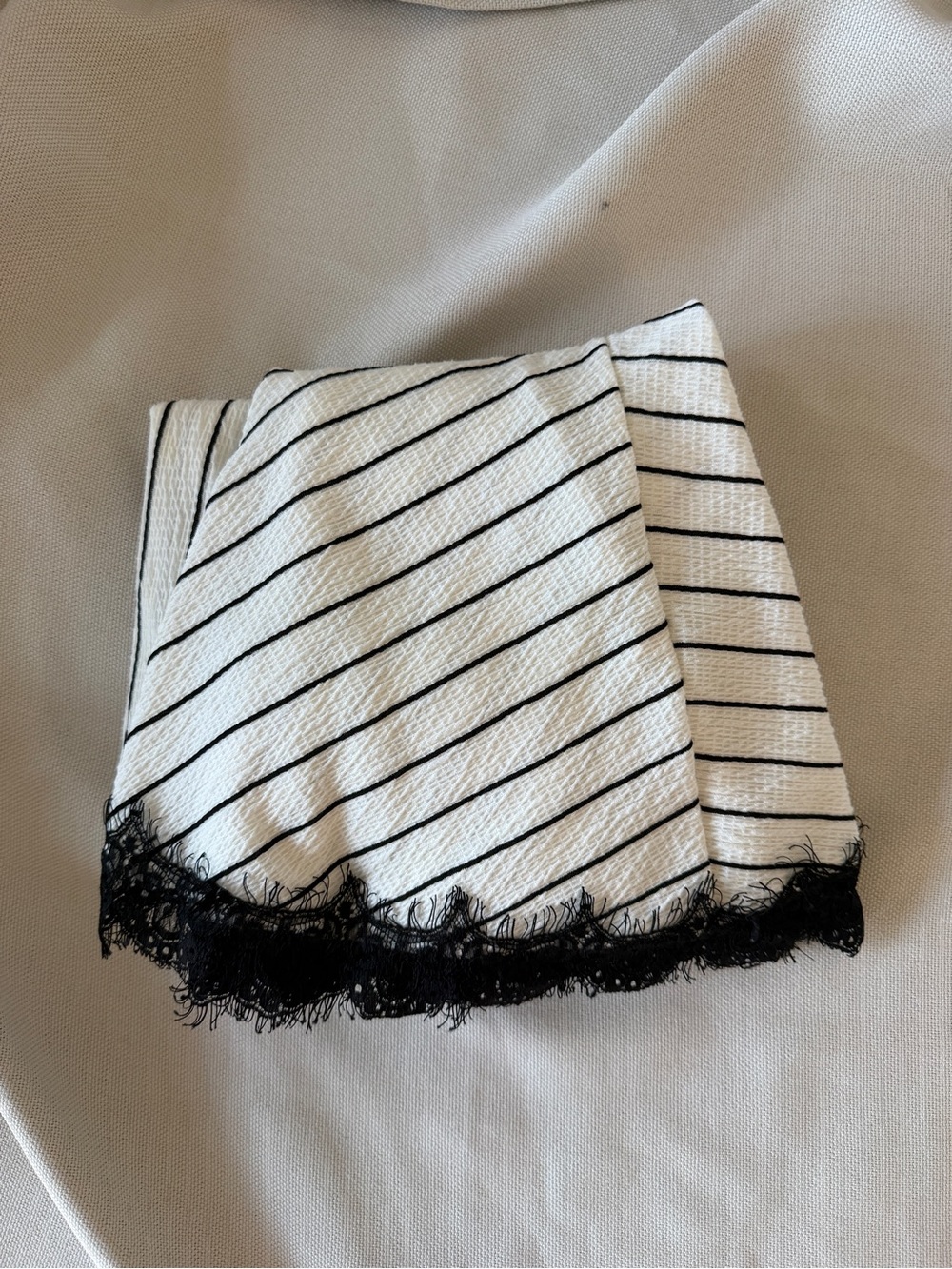 Striped V-Neck Midi Dress with Lace Trim - White & Black